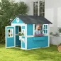 Casita de Madera Infantil con Puerta Ventanas Jardineras y Repisas con Detalles de Color 114x126,4x135 cm Azul