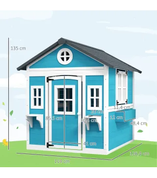 Casita de Madera Infantil con Puerta Ventanas Jardineras y Repisas con Detalles de Color 114x126,4x135 cm Azul