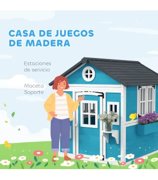 Casita de Madera Infantil con Puerta Ventanas Jardineras y Repisas con Detalles de Color 114x126,4x135 cm Azul