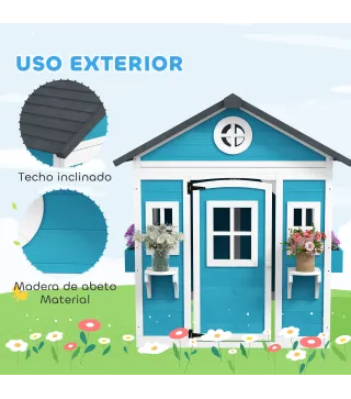 Casita de Madera Infantil con Puerta Ventanas Jardineras y Repisas con Detalles de Color 114x126,4x135 cm Azul