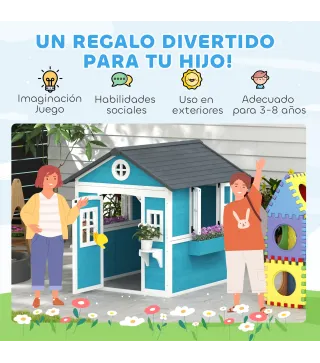 Casita de Madera Infantil con Puerta Ventanas Jardineras y Repisas con Detalles de Color 114x126,4x135 cm Azul
