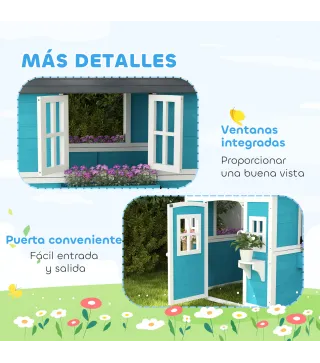 Casita de Madera Infantil con Puerta Ventanas Jardineras y Repisas con Detalles de Color 114x126,4x135 cm Azul