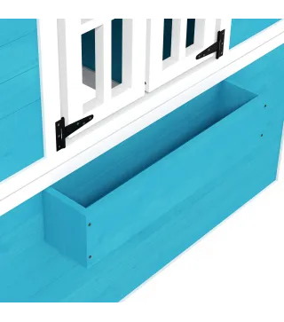 Casita de Madera Infantil con Puerta Ventanas Jardineras y Repisas con Detalles de Color 114x126,4x135 cm Azul