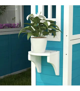 Casita de Madera Infantil con Puerta Ventanas Jardineras y Repisas con Detalles de Color 114x126,4x135 cm Azul