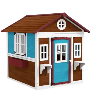 Casita de Madera Infantil con Puerta Ventanas Jardineras y Repisas con Detalles de Color 114x126,4x135 cm Marrón Oscuro