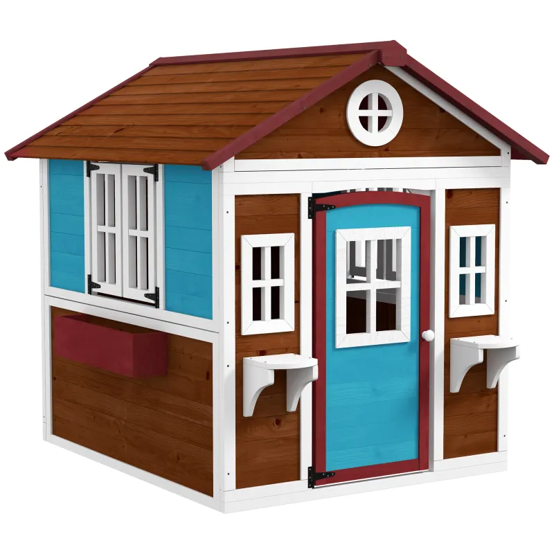 Casita de Madera Infantil con Puerta Ventanas Jardineras y Repisas con Detalles de Color 114x126,4x135 cm Marrón Oscuro