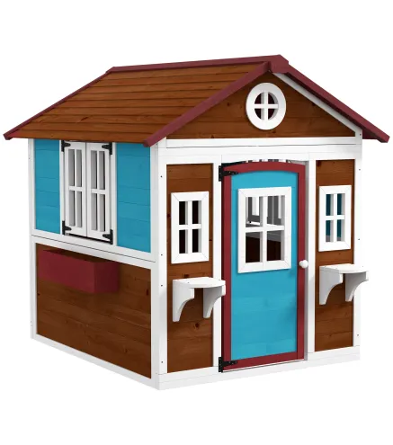 Casita de Madera Infantil con Puerta Ventanas Jardineras y Repisas con Detalles de Color 114x126,4x135 cm Marrón Oscuro