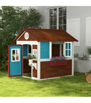 Casita de Madera Infantil con Puerta Ventanas Jardineras y Repisas con Detalles de Color 114x126,4x135 cm Marrón Oscuro