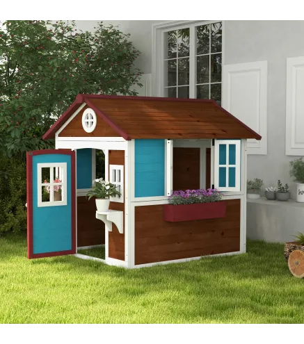 Casita de Madera Infantil con Puerta Ventanas Jardineras y Repisas con Detalles de Color 114x126,4x135 cm Marrón Oscuro