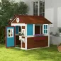 Casita de Madera Infantil con Puerta Ventanas Jardineras y Repisas con Detalles de Color 114x126,4x135 cm Marrón Oscuro