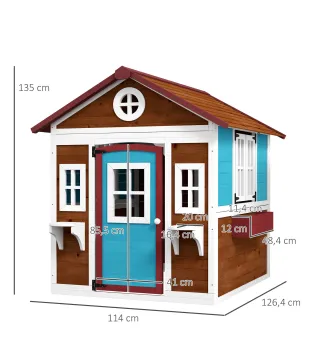 Casita de Madera Infantil con Puerta Ventanas Jardineras y Repisas con Detalles de Color 114x126,4x135 cm Marrón Oscuro