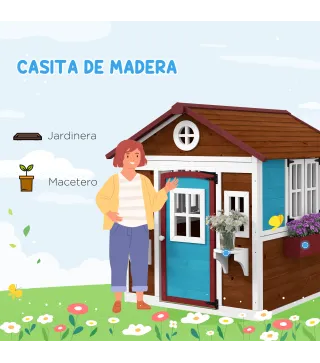 Casita de Madera Infantil con Puerta Ventanas Jardineras y Repisas con Detalles de Color 114x126,4x135 cm Marrón Oscuro