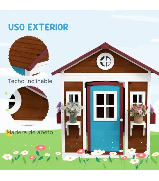 Casita de Madera Infantil con Puerta Ventanas Jardineras y Repisas con Detalles de Color 114x126,4x135 cm Marrón Oscuro