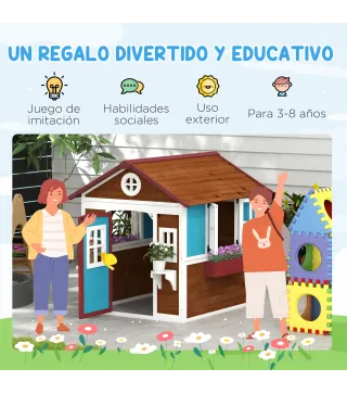 Casita de Madera Infantil con Puerta Ventanas Jardineras y Repisas con Detalles de Color 114x126,4x135 cm Marrón Oscuro