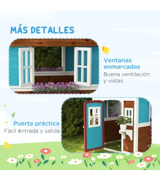 Casita de Madera Infantil con Puerta Ventanas Jardineras y Repisas con Detalles de Color 114x126,4x135 cm Marrón Oscuro