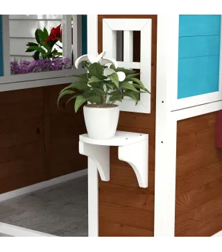 Casita de Madera Infantil con Puerta Ventanas Jardineras y Repisas con Detalles de Color 114x126,4x135 cm Marrón Oscuro