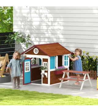 Casita de Madera Infantil con Puerta Ventanas Jardineras y Repisas con Detalles de Color 114x126,4x135 cm Marrón Oscuro