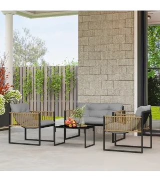 Conjunto de Jardín de 4 Piezas con Sofá Sillones y Mesa de Ratán Sintético Cojines Cómodos y Resistente a Rayos UV