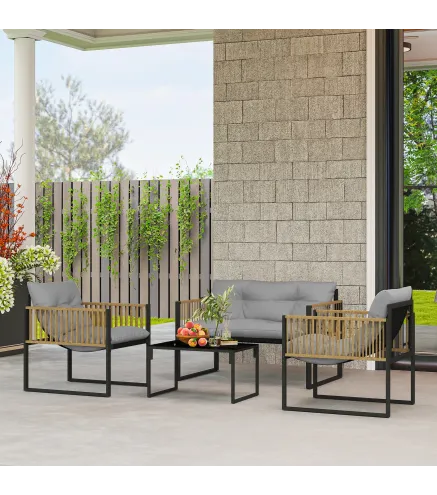 Conjunto de Jardín de 4 Piezas con Sofá Sillones y Mesa de Ratán Sintético Cojines Cómodos y Resistente a Rayos UV