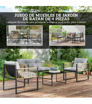 Conjunto de Jardín de 4 Piezas con Sofá Sillones y Mesa de Ratán Sintético Cojines Cómodos y Resistente a Rayos UV