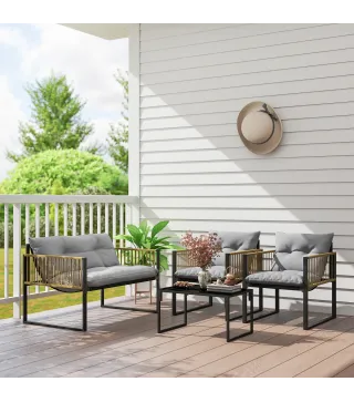 Conjunto de Jardín de 4 Piezas con Sofá Sillones y Mesa de Ratán Sintético Cojines Cómodos y Resistente a Rayos UV