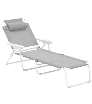 Tumbona Plegable con Respaldo Ajustable Reposacabezas y Estructura de Metal 160x66x98 cm Gris y Blanco