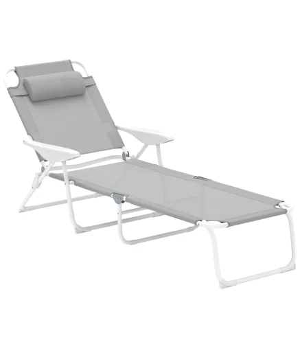 Tumbona Plegable con Respaldo Ajustable Reposacabezas y Estructura de Metal 160x66x98 cm Gris y Blanco