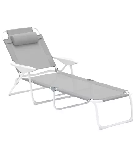 Tumbona Plegable con Respaldo Ajustable Reposacabezas y Estructura de Metal 160x66x98 cm Gris y Blanco