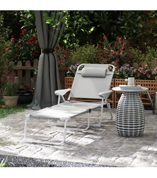 Tumbona Plegable con Respaldo Ajustable Reposacabezas y Estructura de Metal 160x66x98 cm Gris y Blanco