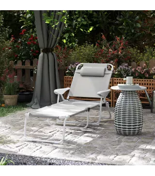 Tumbona Plegable con Respaldo Ajustable Reposacabezas y Estructura de Metal 160x66x98 cm Gris y Blanco