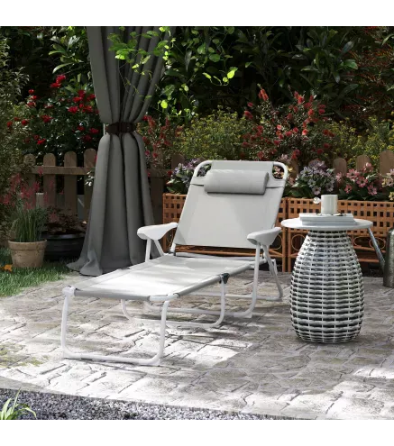 Tumbona Plegable con Respaldo Ajustable Reposacabezas y Estructura de Metal 160x66x98 cm Gris y Blanco