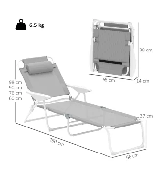 Tumbona Plegable con Respaldo Ajustable Reposacabezas y Estructura de Metal 160x66x98 cm Gris y Blanco