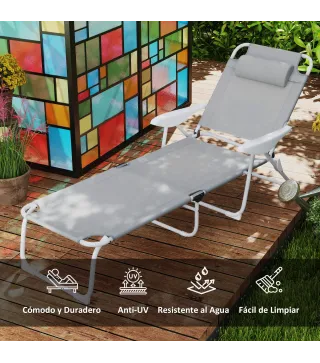 Tumbona Plegable con Respaldo Ajustable Reposacabezas y Estructura de Metal 160x66x98 cm Gris y Blanco