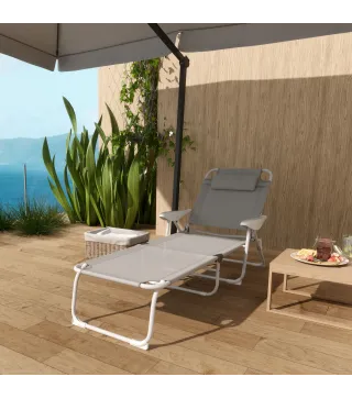 Tumbona Plegable con Respaldo Ajustable Reposacabezas y Estructura de Metal 160x66x98 cm Gris y Blanco