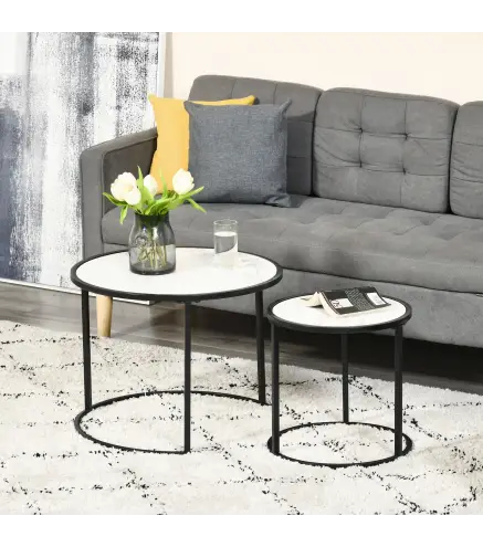 Juego de 2 Mesas Auxiliares Redondas Apilables Mesas Nidos con Encimera en Efecto de Mármol Ø60x46 cm y Ø40x40 cm Blanco