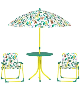 Conjunto de Mesa y Sillas Infantil de Jardín de 4 Piezas Sillas Plegables Sombrilla Desmontable Diseño de Jungla Verde