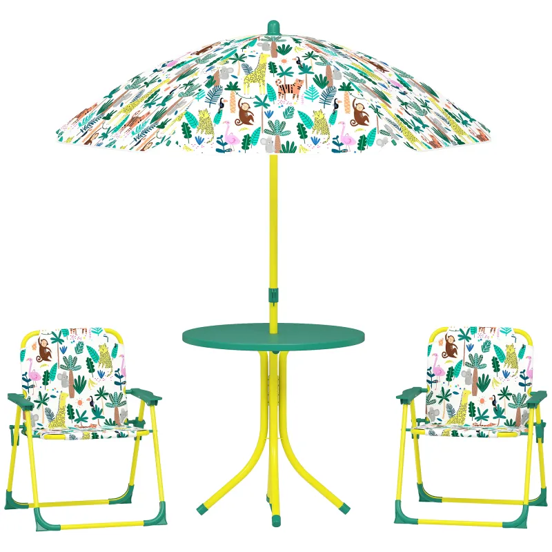 Conjunto de Mesa y Sillas Infantil de Jardín de 4 Piezas Sillas Plegables Sombrilla Desmontable Diseño de Jungla Verde Conjunto de Mesa y Sillas Infantil de Jardín de 4 Piezas Sillas Plegables Sombrilla Desmontable Diseño de Jungla Verde