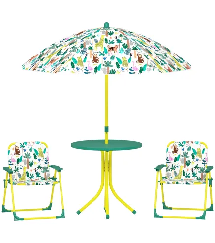 Conjunto de Mesa y Sillas Infantil de Jardín de 4 Piezas Sillas Plegables Sombrilla Desmontable Diseño de Jungla Verde