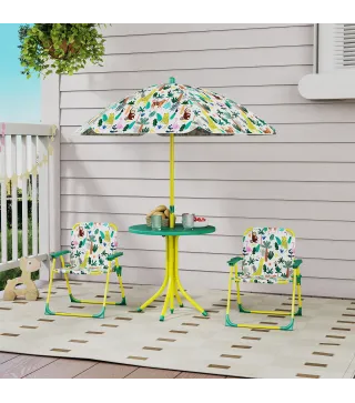 Conjunto de Mesa y Sillas Infantil de Jardín de 4 Piezas Sillas Plegables Sombrilla Desmontable Diseño de Jungla Verde