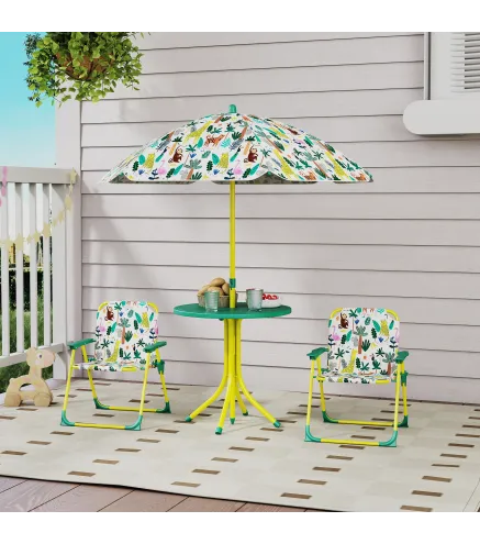 Conjunto de Mesa y Sillas Infantil de Jardín de 4 Piezas Sillas Plegables Sombrilla Desmontable Diseño de Jungla Verde