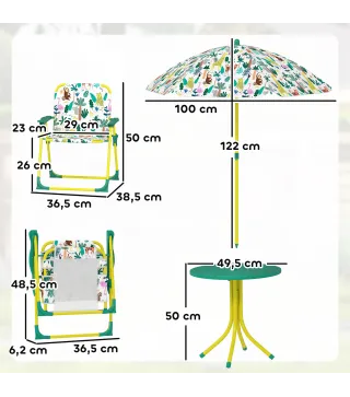 Conjunto de Mesa y Sillas Infantil de Jardín de 4 Piezas Sillas Plegables Sombrilla Desmontable Diseño de Jungla Verde