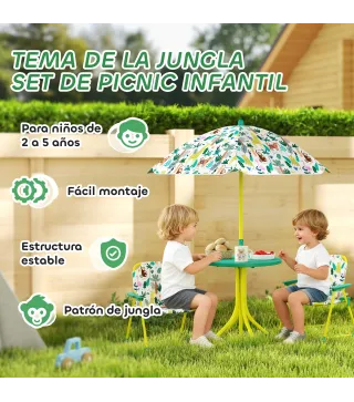 Conjunto de Mesa y Sillas Infantil de Jardín de 4 Piezas Sillas Plegables Sombrilla Desmontable Diseño de Jungla Verde
