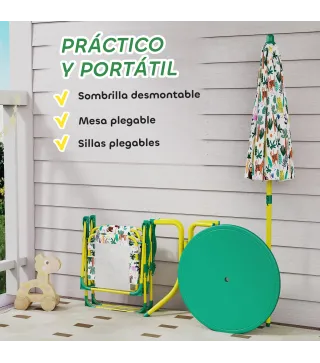 Conjunto de Mesa y Sillas Infantil de Jardín de 4 Piezas Sillas Plegables Sombrilla Desmontable Diseño de Jungla Verde
