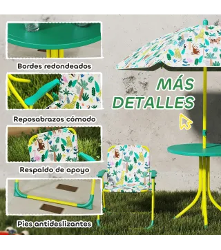Conjunto de Mesa y Sillas Infantil de Jardín de 4 Piezas Sillas Plegables Sombrilla Desmontable Diseño de Jungla Verde