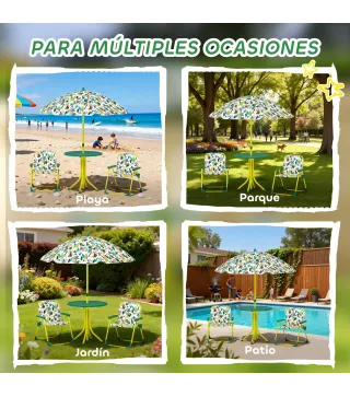 Conjunto de Mesa y Sillas Infantil de Jardín de 4 Piezas Sillas Plegables Sombrilla Desmontable Diseño de Jungla Verde