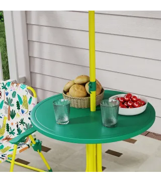 Conjunto de Mesa y Sillas Infantil de Jardín de 4 Piezas Sillas Plegables Sombrilla Desmontable Diseño de Jungla Verde