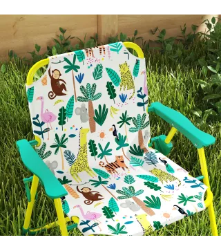 Conjunto de Mesa y Sillas Infantil de Jardín de 4 Piezas Sillas Plegables Sombrilla Desmontable Diseño de Jungla Verde