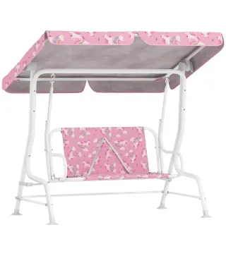Columpio Jardín Exterior para niños 2 Plazas Toldo Ajustable Cinturones de Seguridad Diseño de Unicornio Arcoíris Rosa