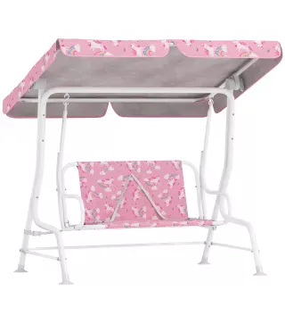 Columpio Jardín Exterior para niños 2 Plazas Toldo Ajustable Cinturones de Seguridad Diseño de Unicornio Arcoíris Rosa
