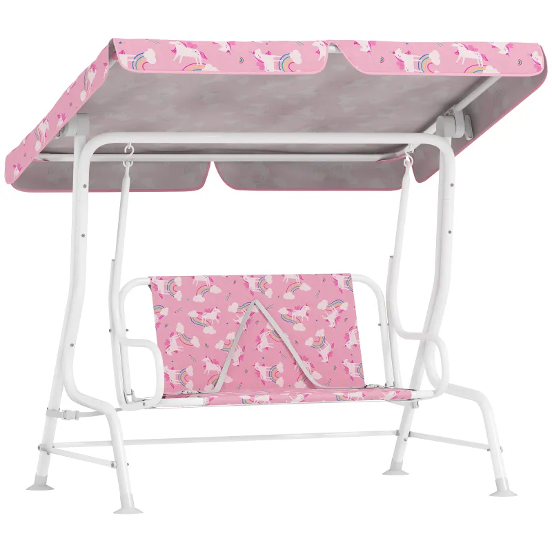 Columpio Jardín Exterior para niños 2 Plazas Toldo Ajustable Cinturones de Seguridad Diseño de Unicornio Arcoíris Rosa